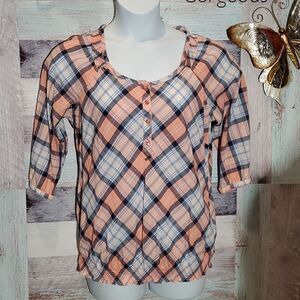 Tom Tailor Salmon Blue Plaid Popover Banded Waist Cotton Blouse Sz 42 (XL) 823